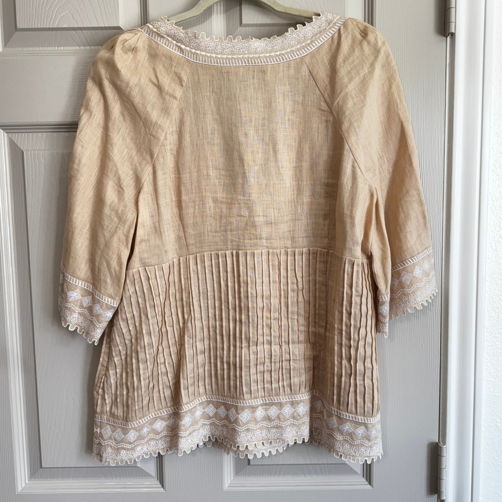 Vintage Linen Embroidered Blouse Tan Scalloped Trim Size 16 Boho Coastal Grandma - Picture 4 of 9